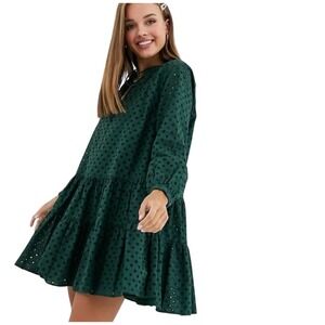 ASOS‎ Green Eyelet Tiered Babydoll Mini Dress Long Sleeve Tie Neck Cotton Size 4